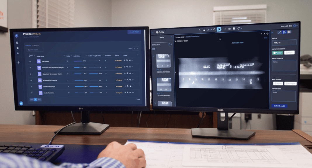 An inspector reviewing a weld radiograph and project dashboards live in the Orbix platform